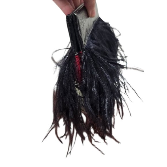 Black Leather Feather Clutch Bag Genuine Leather Evening Purse Boho Chic Handbag - Picture 7 of 14